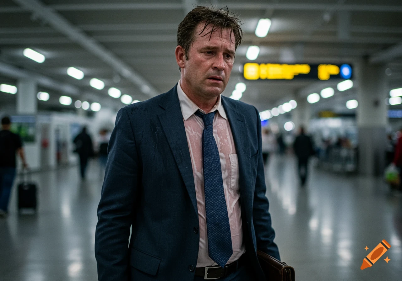 An exhausted man in a blue suit, sweating heavily, stands in an airport terminal.