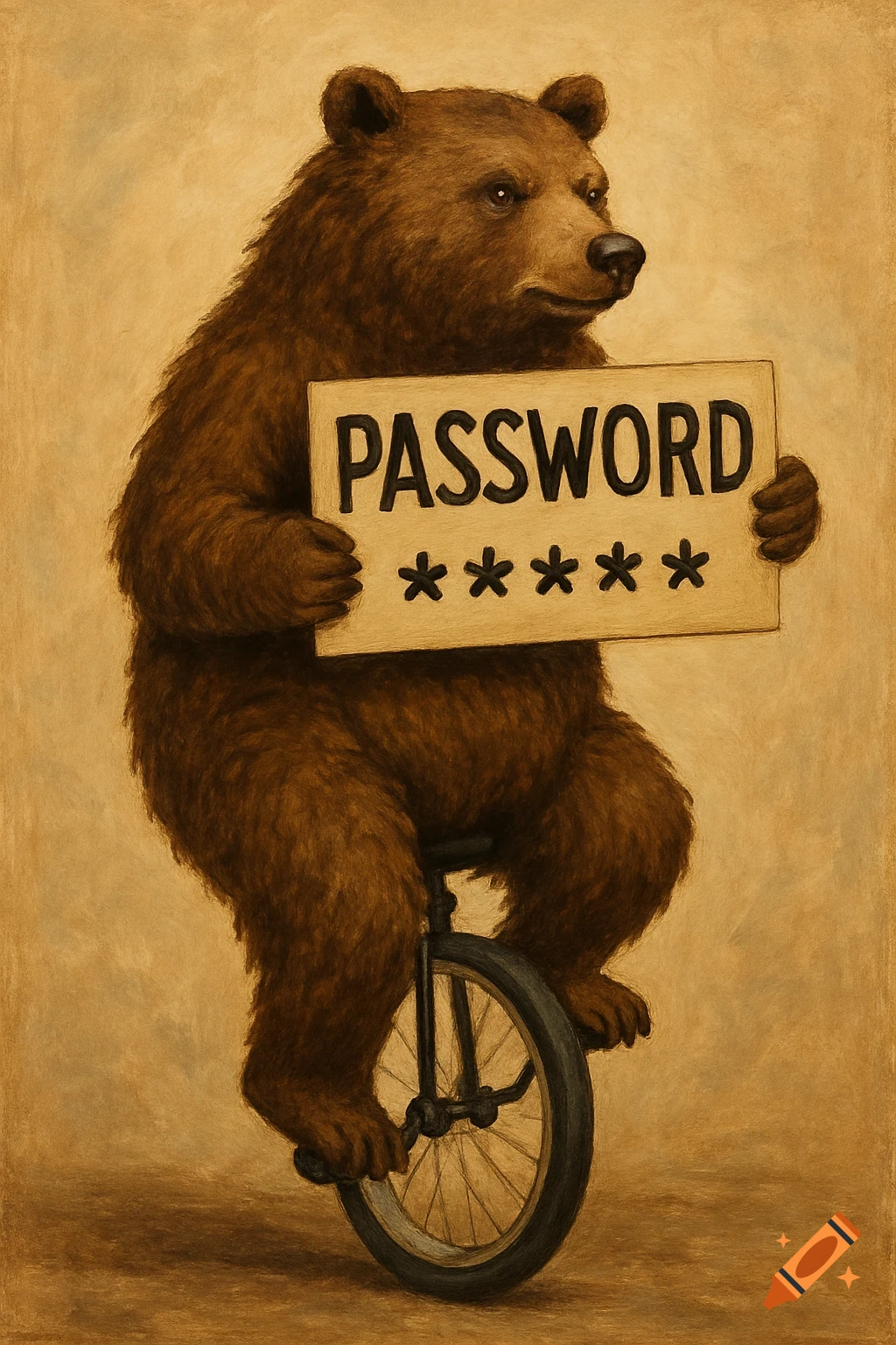 A brown bear sits on a unicycle holding a sign that says "PASSWORD" with asterisks below.