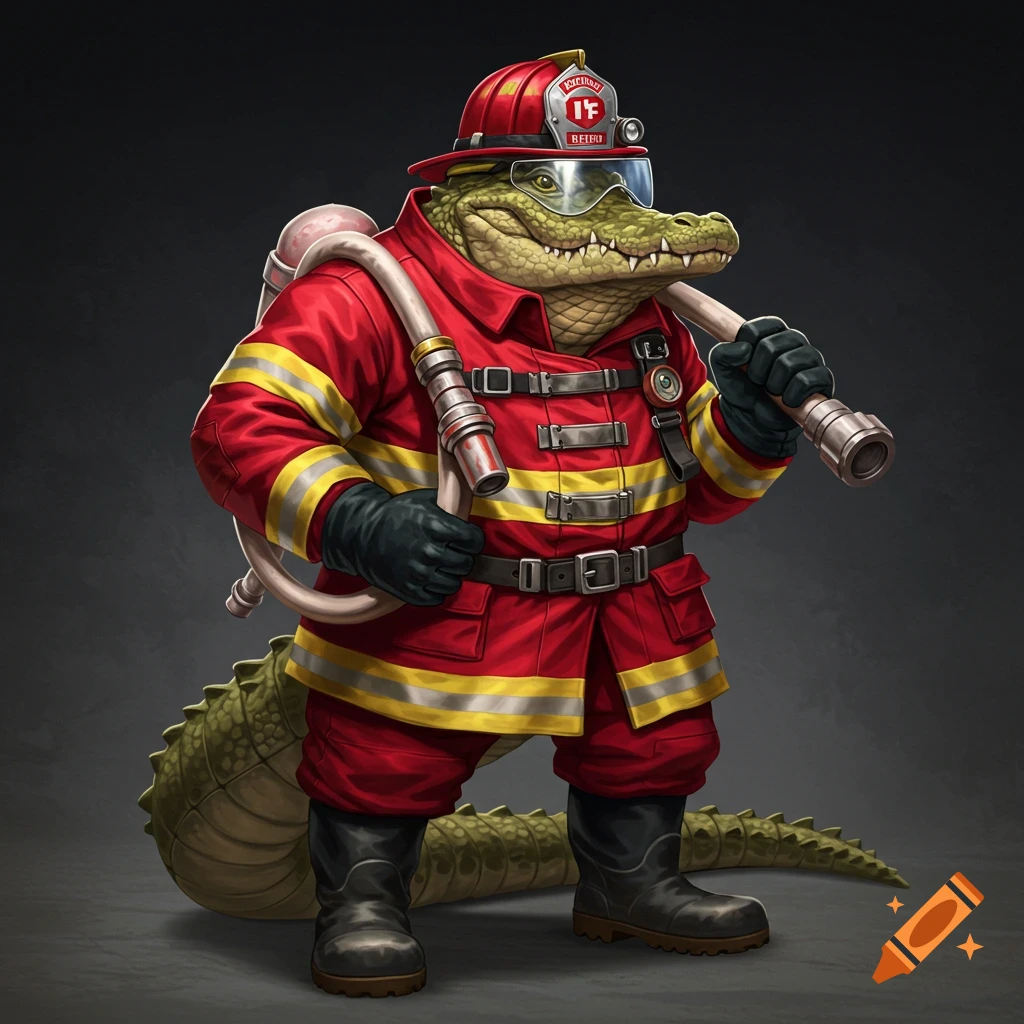 An anthropomorphic alligator in firefighter gear holding a hose.