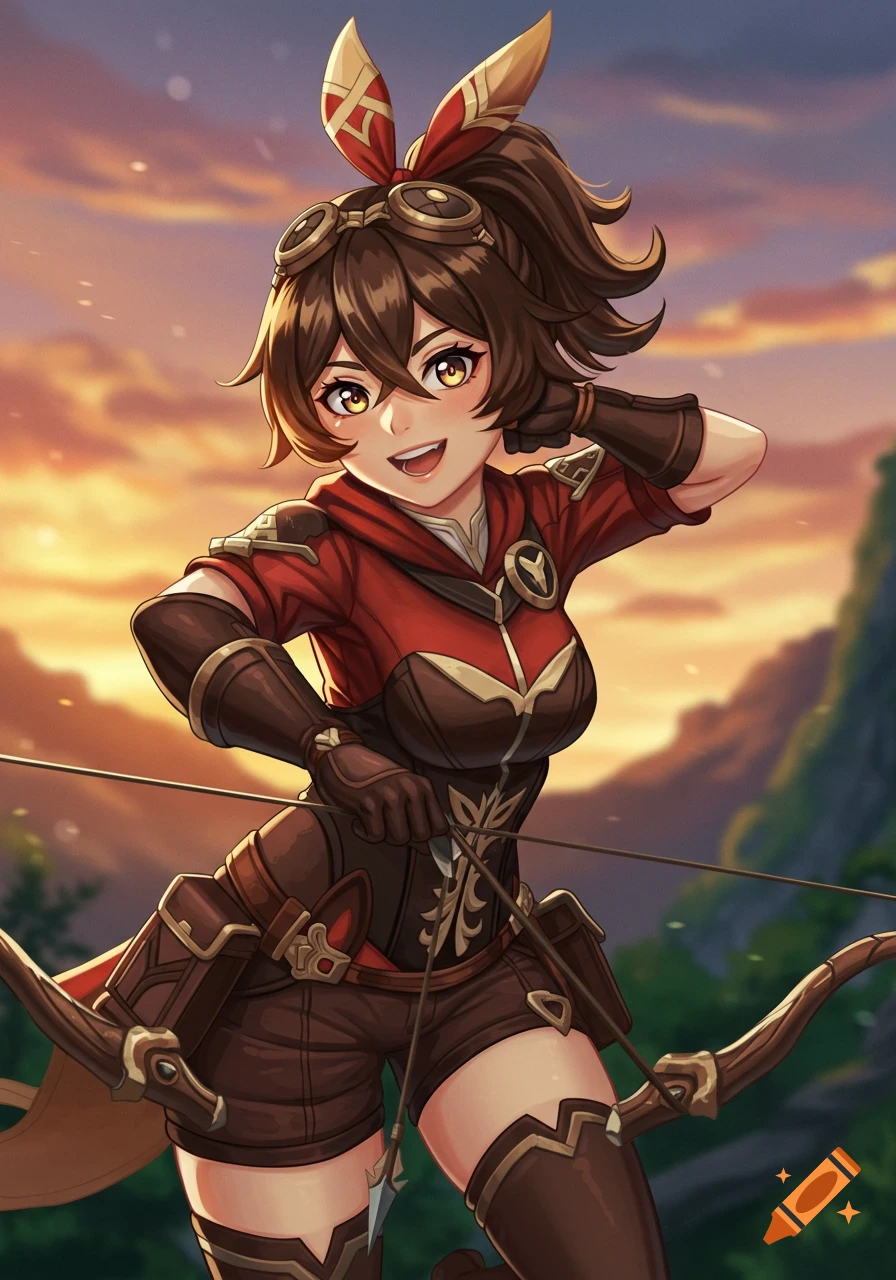 Anime illustration of Amber from Genshin Impact aiming a bow at sunset.