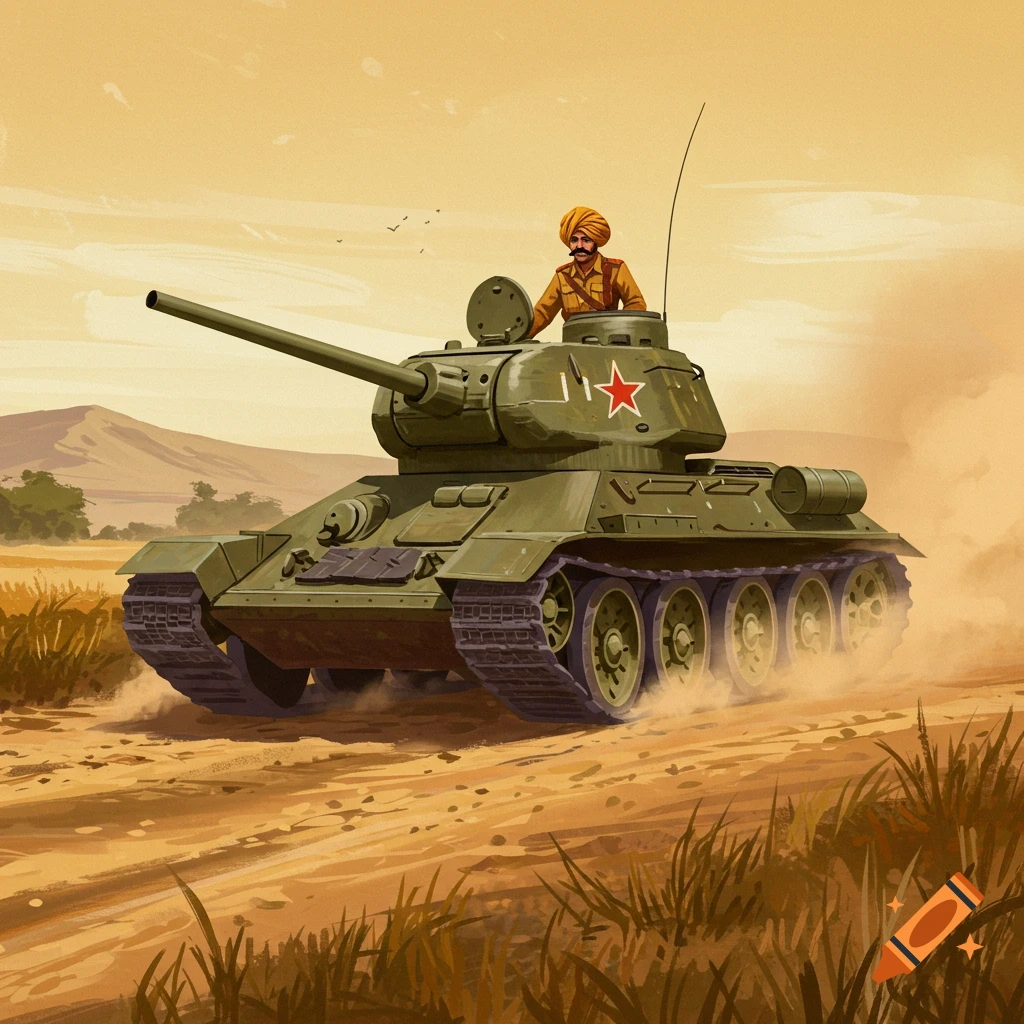 Illustration of an Indian person driving a Soviet tank through a desert landscape.