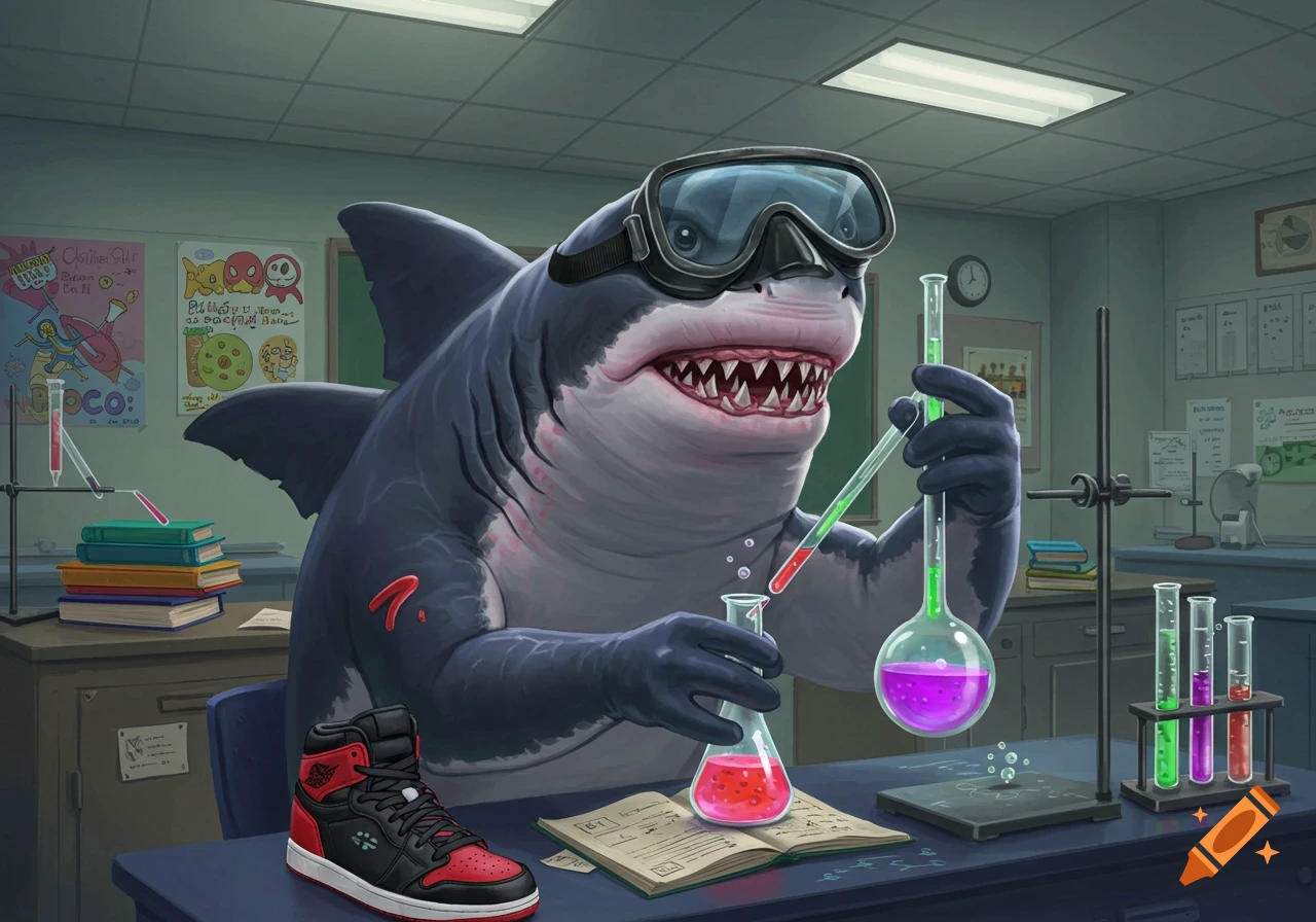 An illustration of a shark wearing goggles and sneakers, doing a titration experiment in a chemistry lab.