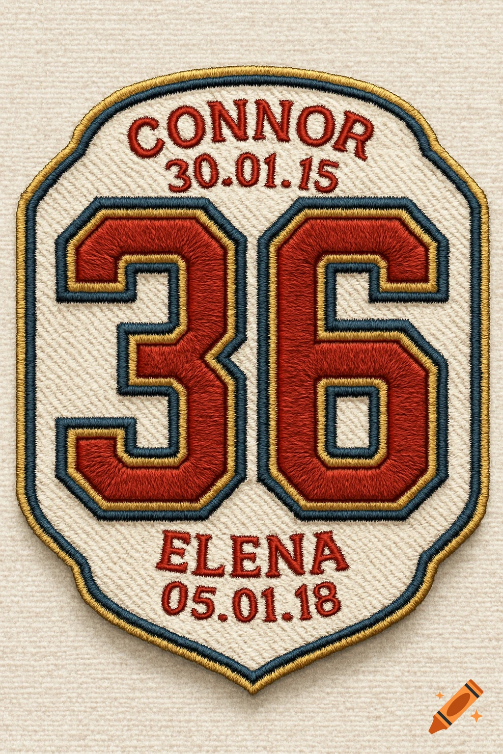 Embroidered patch with the number 36, names Connor and Elena, and dates.