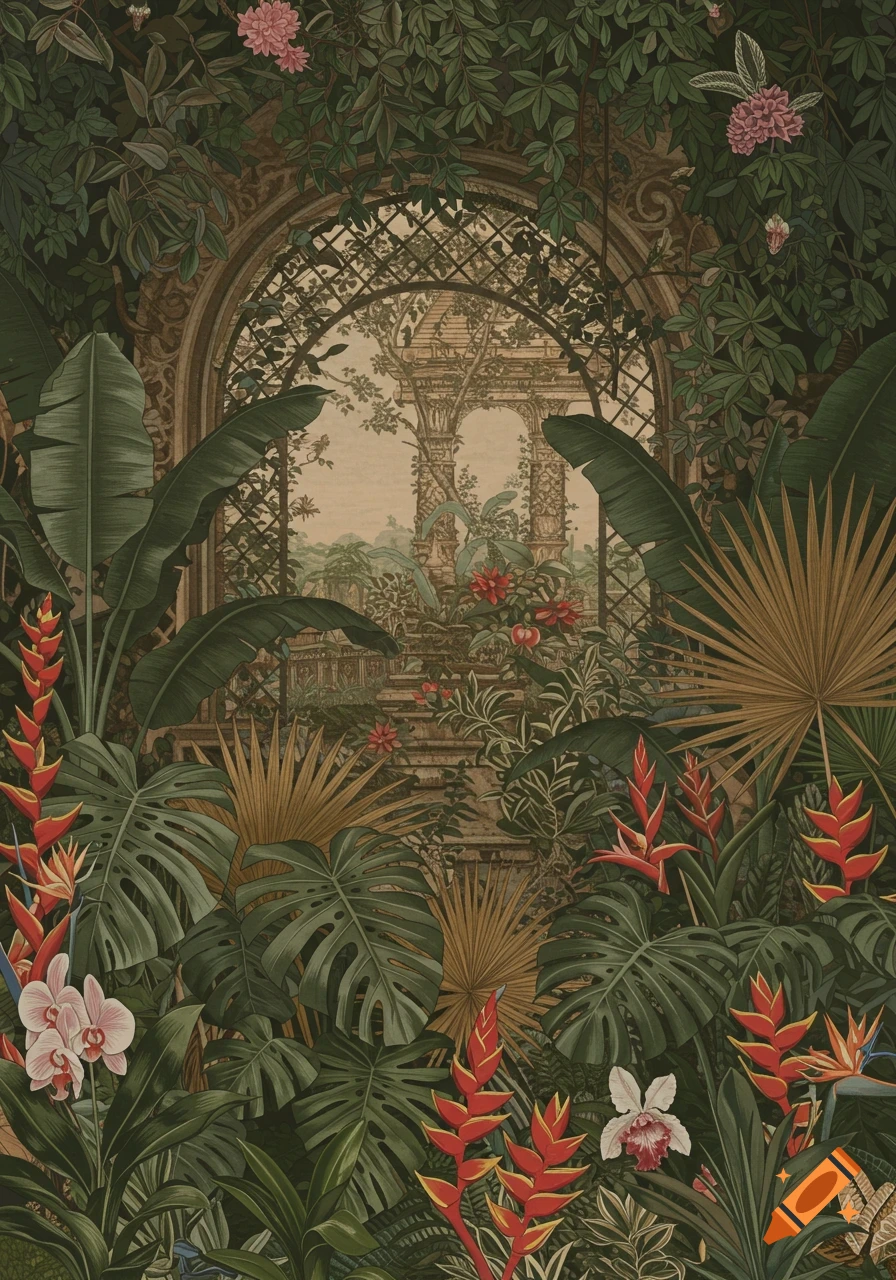 Lush vintage botanical illustration of tropical plants surrounding an archway.