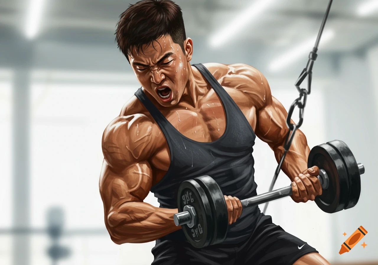Muscular man lifting a dumbbell with effort, illustration