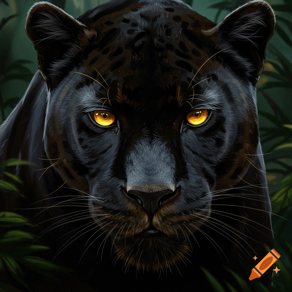 Close-up illustration of a black panther with intense yellow eyes staring forward from dark foliage.