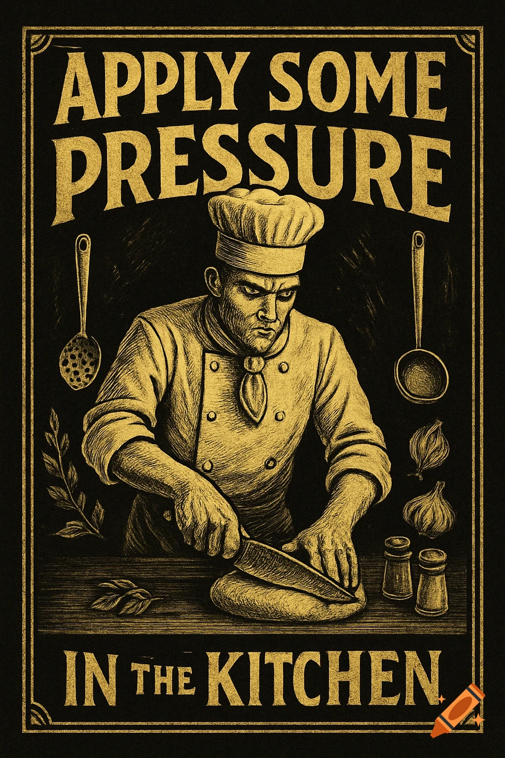 Golden etching style illustration of a chef cutting food, text reads 'Apply some pressure in the kitchen'.