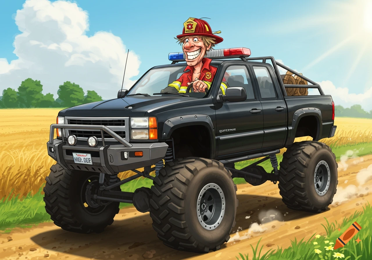 Cartoon firefighter drives a jacked-up black pickup truck in a field
