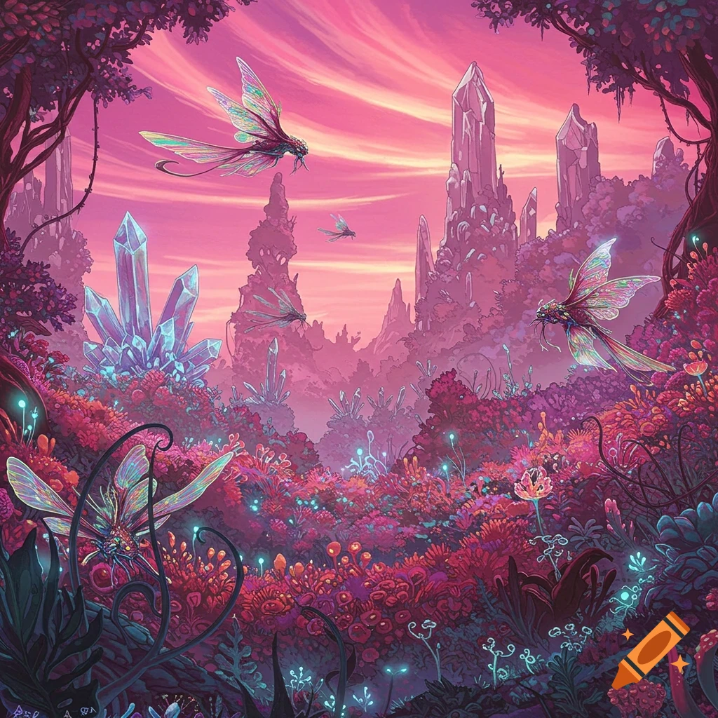 Vibrant fantasy landscape with large crystals, glowing plants, and fantastical flying creatures under a pink sky.