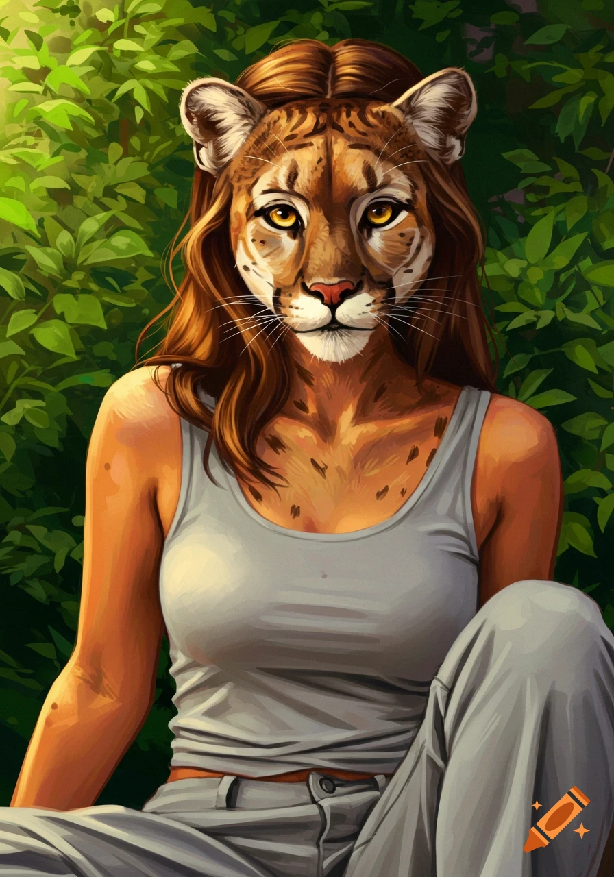 Girl with mountain lion face and ears, wearing a tank top and grey pants, sitting in a forest. Digital painting style.