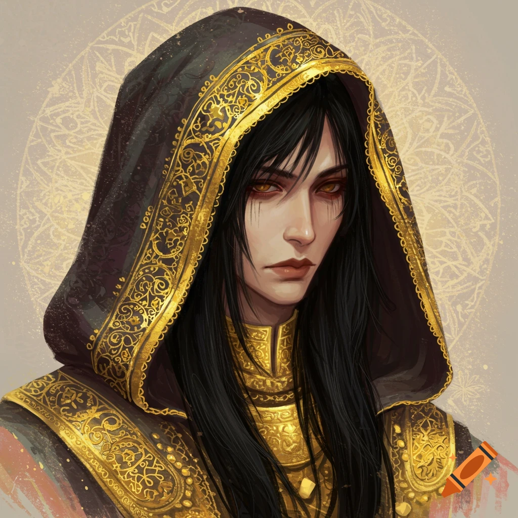 Portrait of a person in a black and gold hooded robe. on Craiyon
