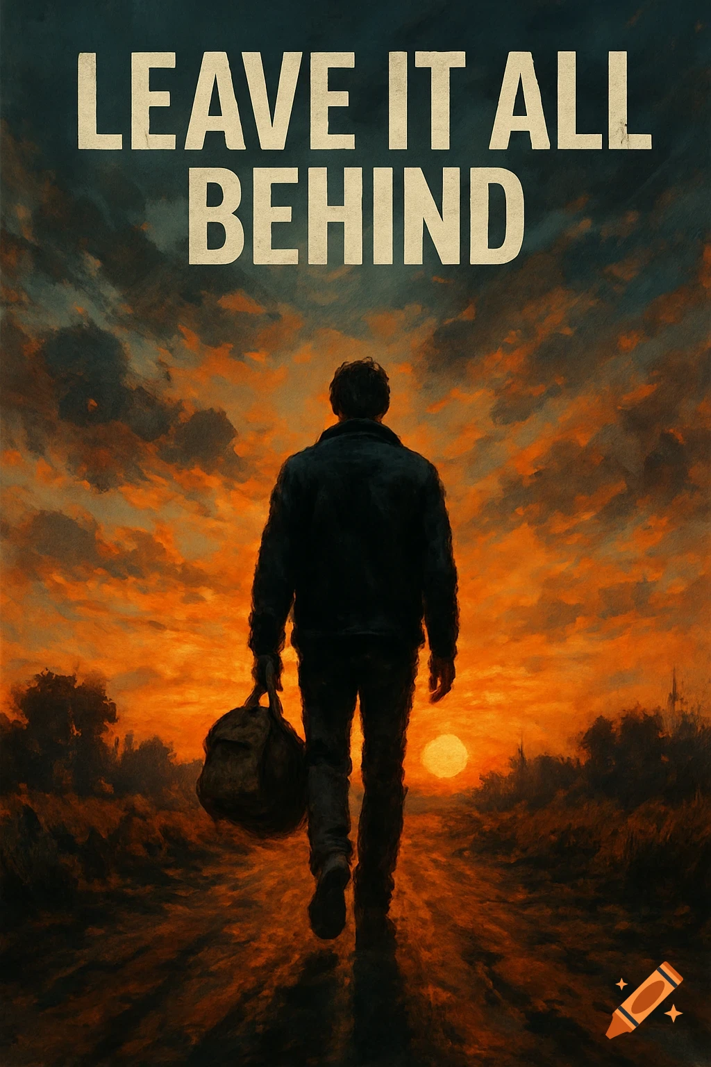 Person walks into vibrant sunset carrying a bag, text 'LEAVE IT ALL