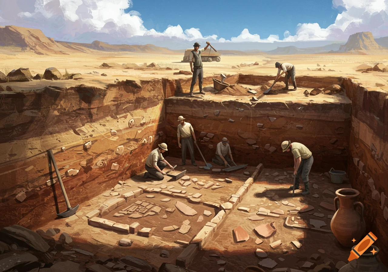 People excavating an archaeological site in a desert pit, revealing artifacts in a digital painting.