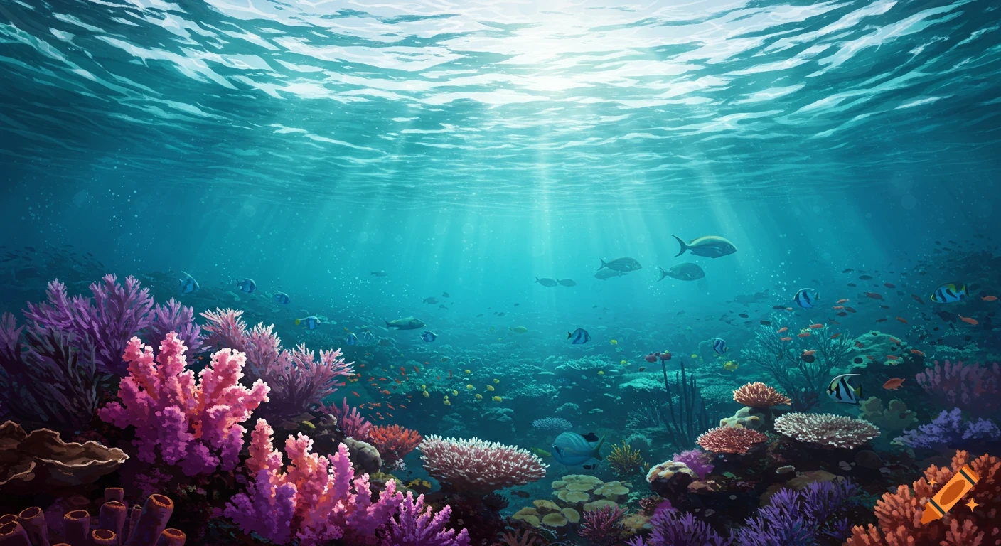 Underwater view of a vibrant coral reef with fish swimming in the distance, sunlight rays filtering from the surface.