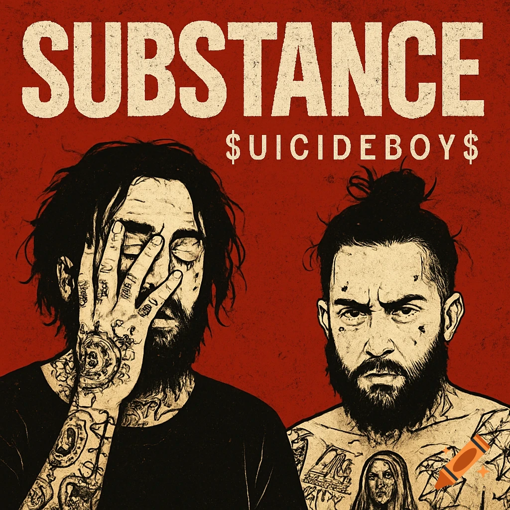 Stylized artwork of two men with tattoos on red background, text reads 'SUBSTANCE $UICIDEBOY$'.