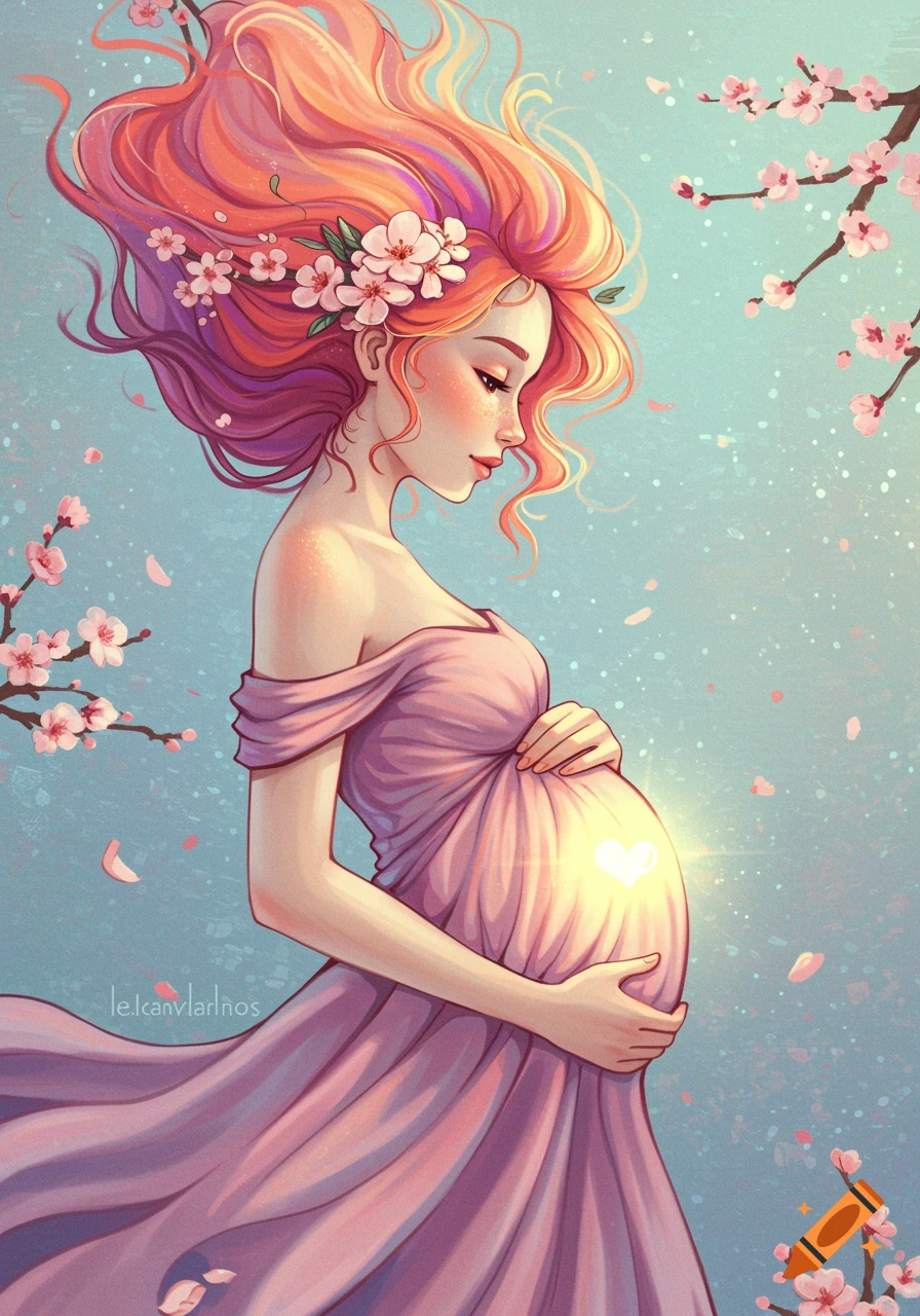 Stylized illustration of a pregnant woman with pink hair and flowers in her hair, standing among cherry blossoms.