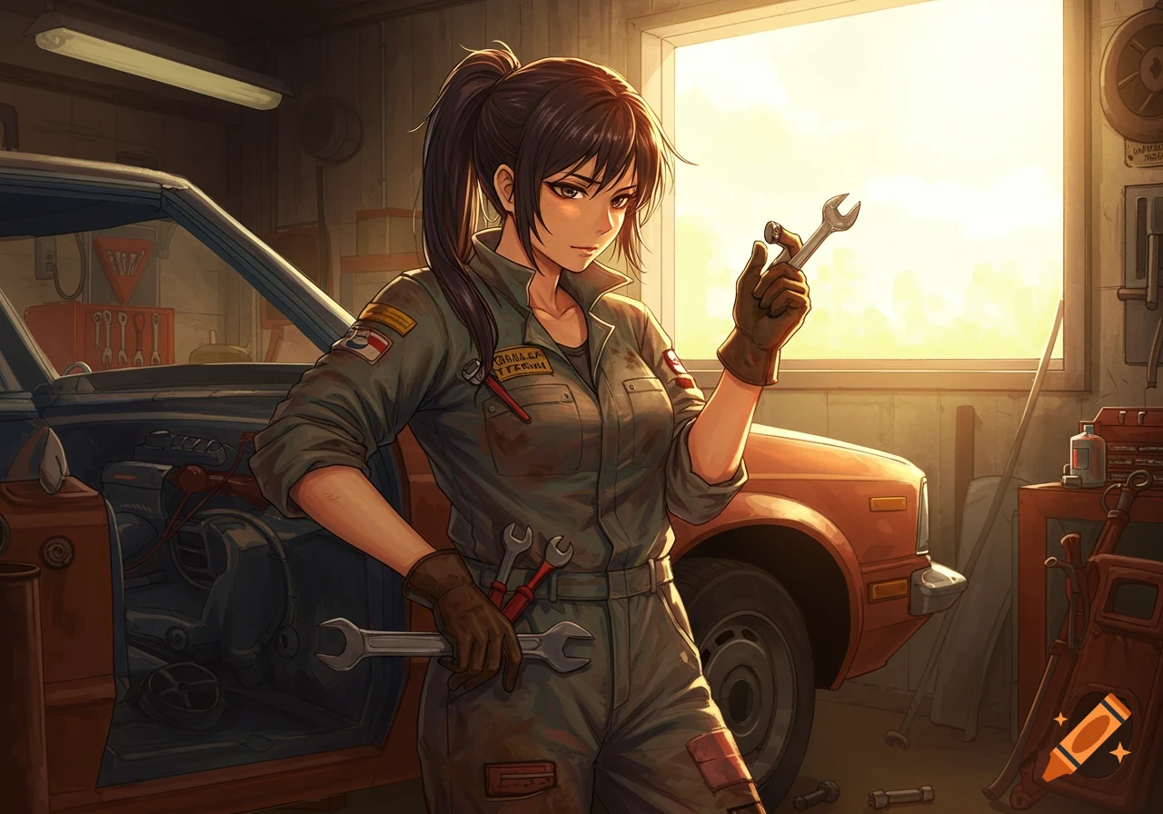 Anime woman mechanic in a garage holding wrenches