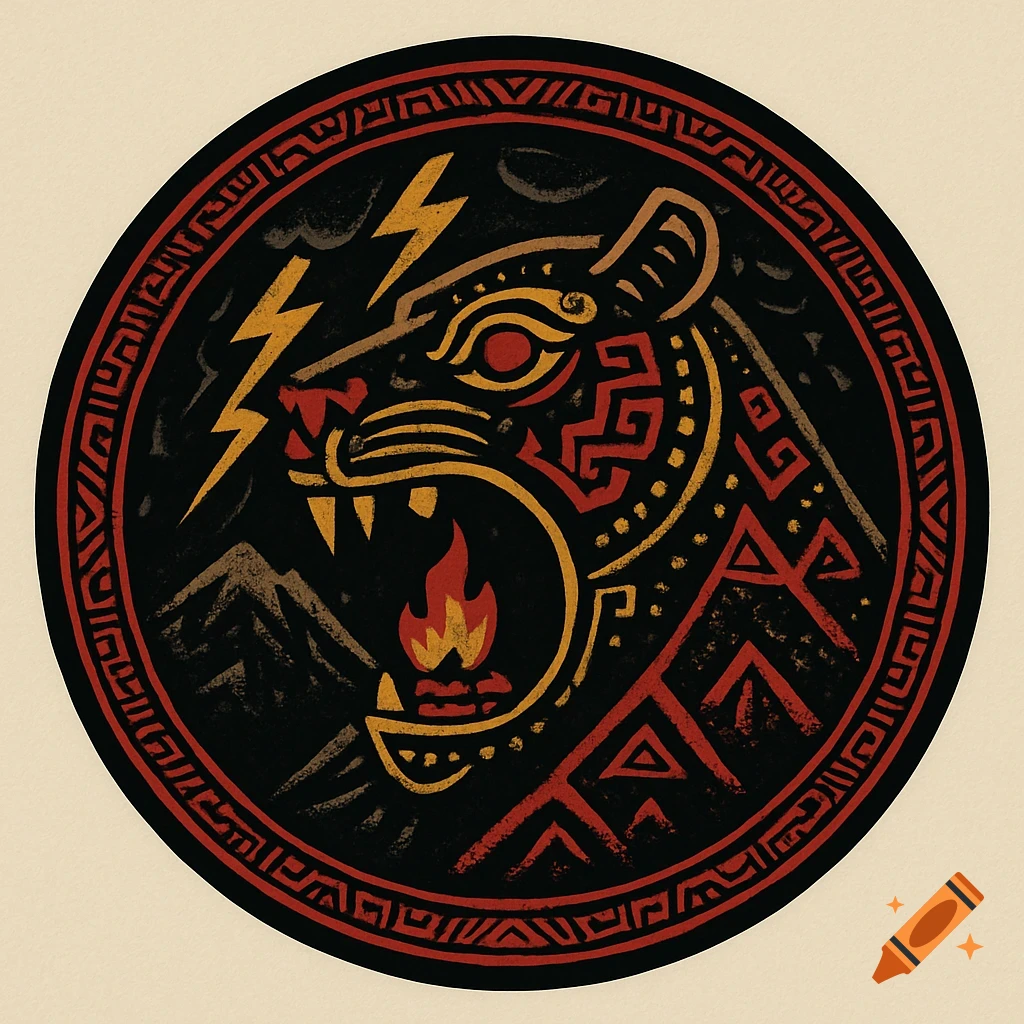 Circular Aztec-style logo of a roaring jaguar head with lightning and fire, surrounded by patterns