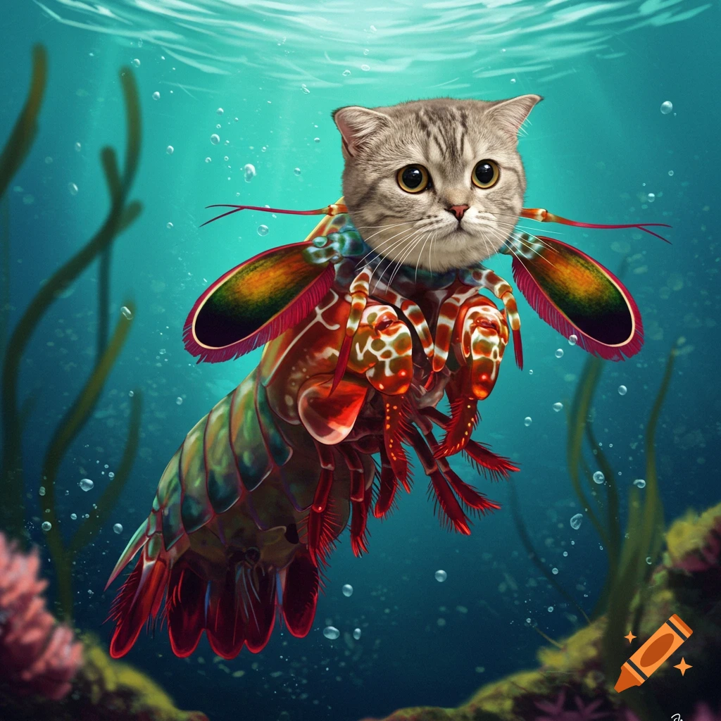 A hybrid creature with a cat's head and a mantis shrimp body swims underwater.