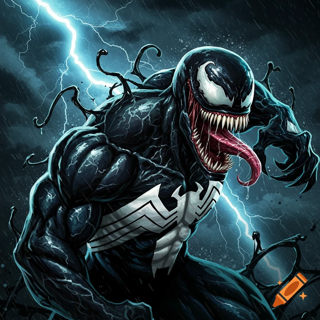 Illustration of the comic book character Venom roaring with sharp teeth, long tongue, and lightning in the background.