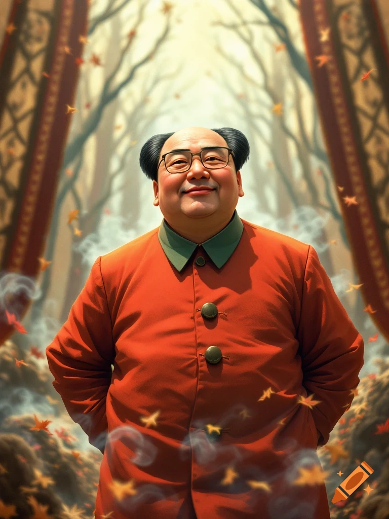 A smiling man resembling Mao Zedong in an orange jacket stands in an autumnal forest with falling leaves and smoke.