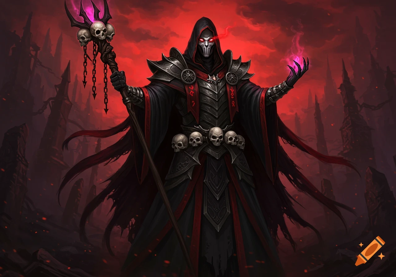 A hooded dark mage in black and red armor holds a skull staff under a red sky.