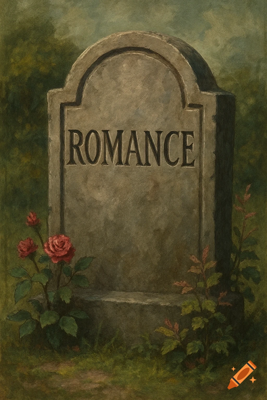 A painting of a tombstone inscribed with ROMANCE, with roses and grass.