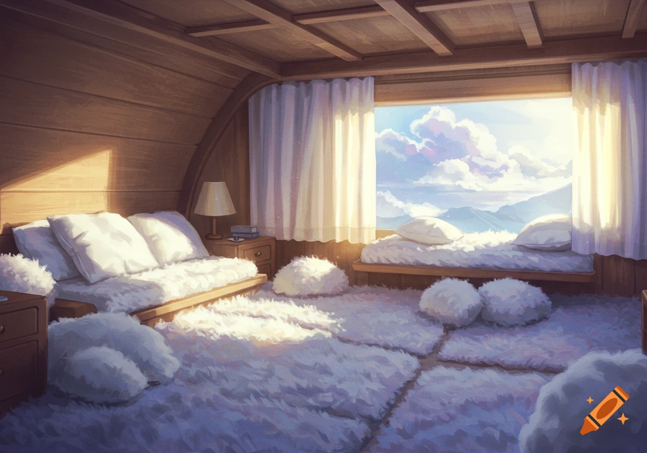 A cozy room with fluffy beds and rugs looking out a window at mountains and clouds.