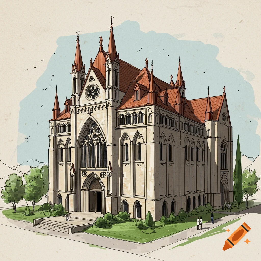 Illustration of a large gothic cathedral or church building with trees and mountains.