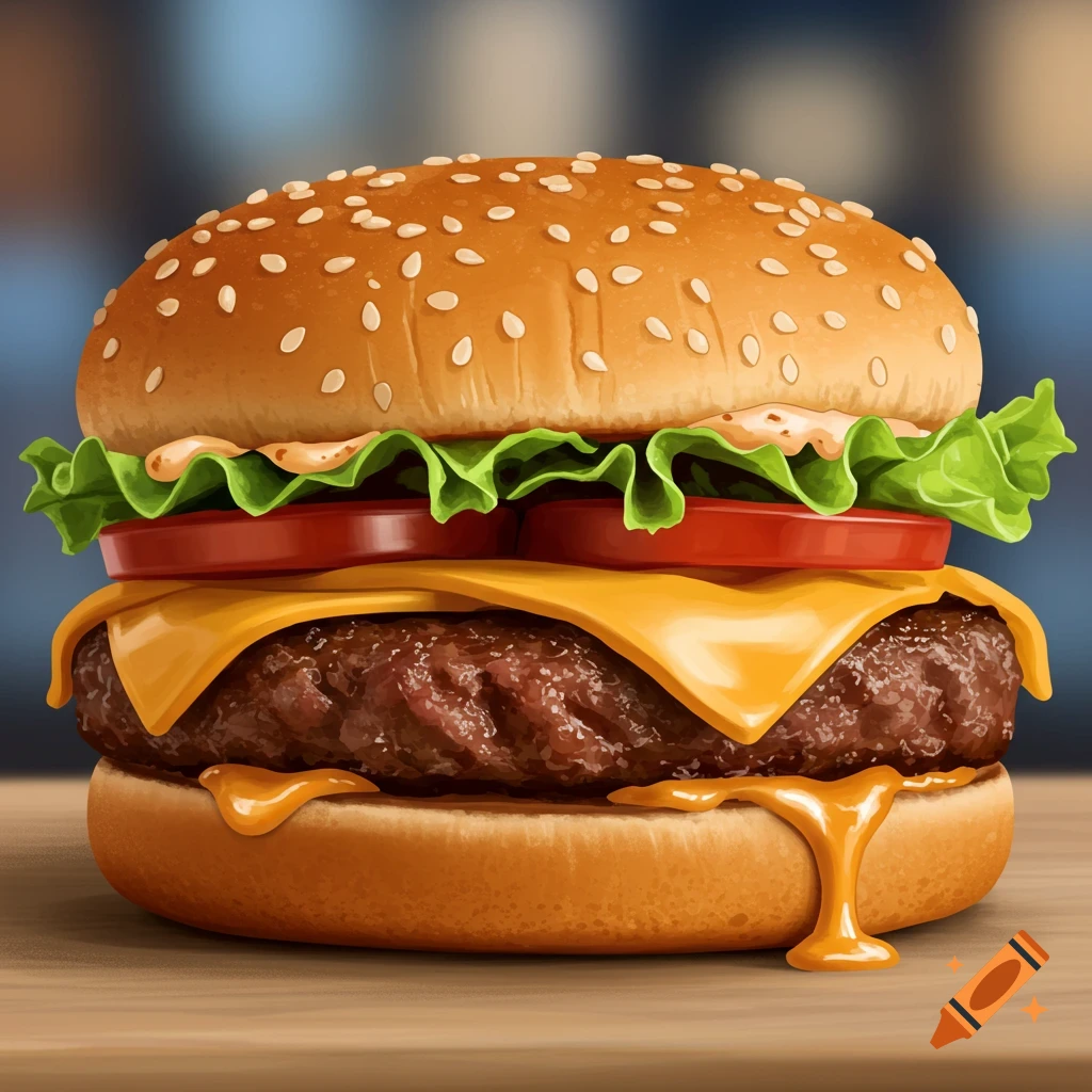 Close-up illustration of a burger with cheese, lettuce, and tomato.