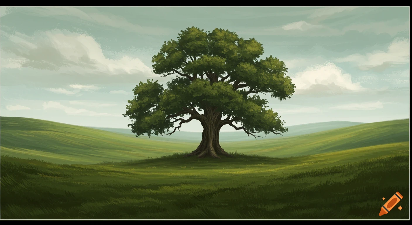 Digital painting of a large tree in a grassy field with rolling hills under a cloudy sky.