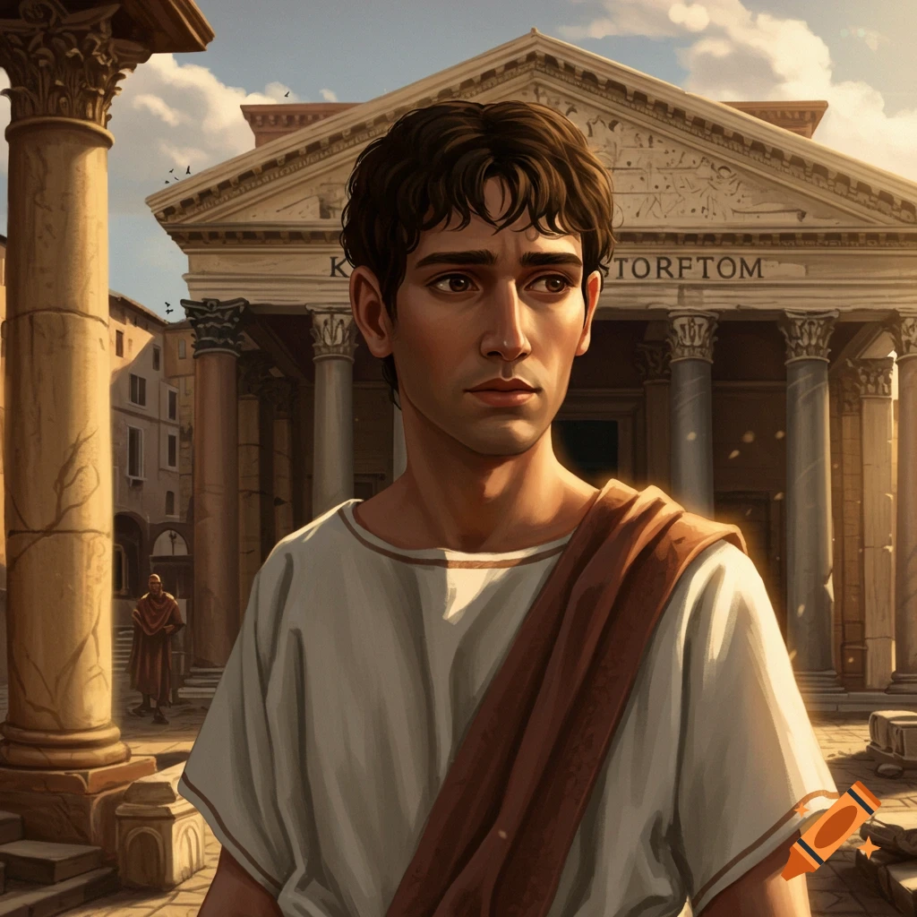 Young man in a toga stands before a classical temple.