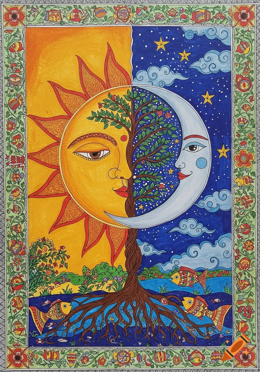 Madhubani painting of sun and moon faces united by a tree, with fish and floral borders.