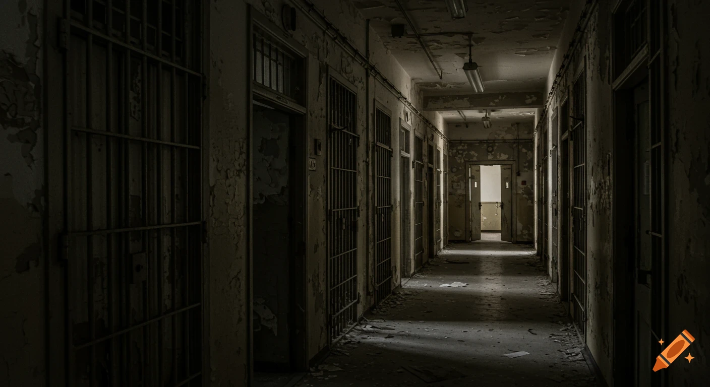 Dark, dilapidated corridor of an abandoned prison or psychiatric hospital with barred cell doors, peeling paint, and debris on the floor.