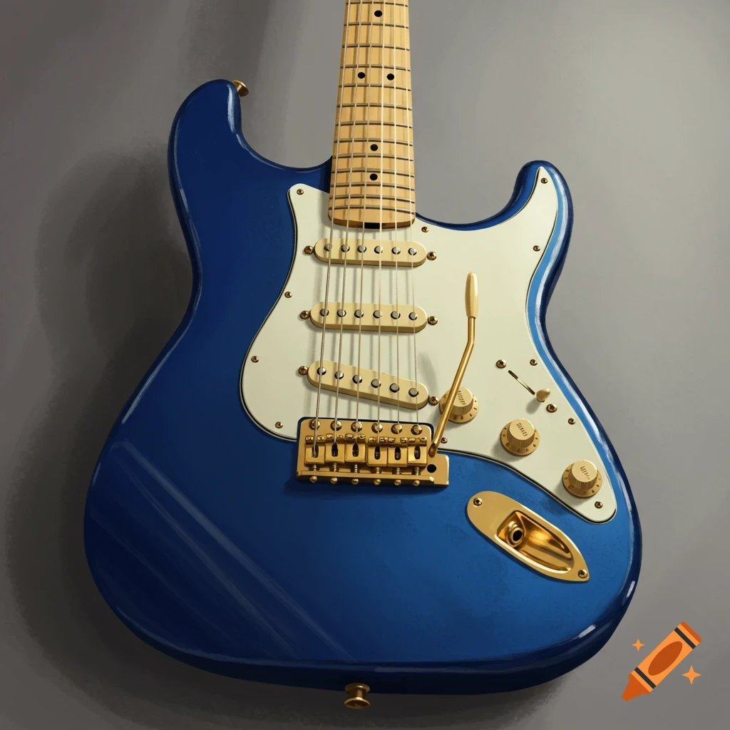 Illustration of a blue Fender Stratocaster electric guitar with gold hardware.