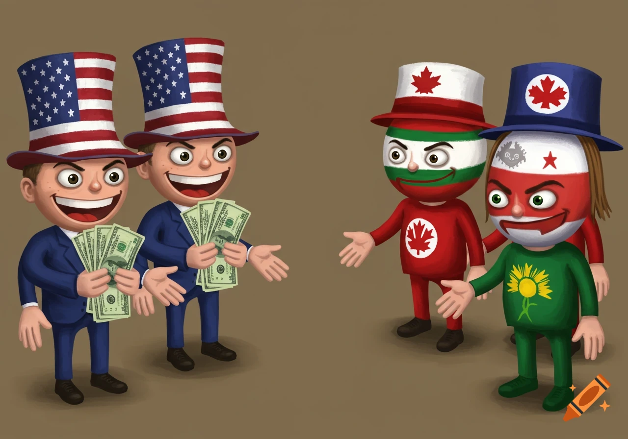 Cartoon figures in US hats hold money facing figures in other hats with empty hands. Illustration.