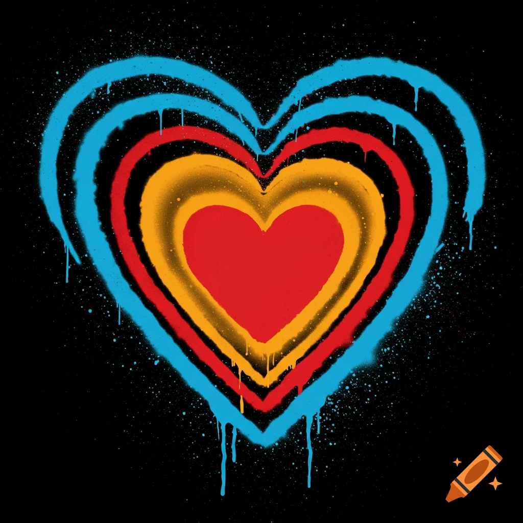 Concentric hearts rendered in a spray paint style with drips and splatters, on a black background.