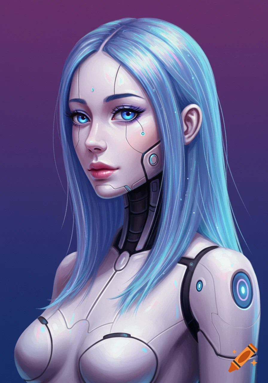 Portrait of a feminine cyborg with blue hair and glowing blue eyes.