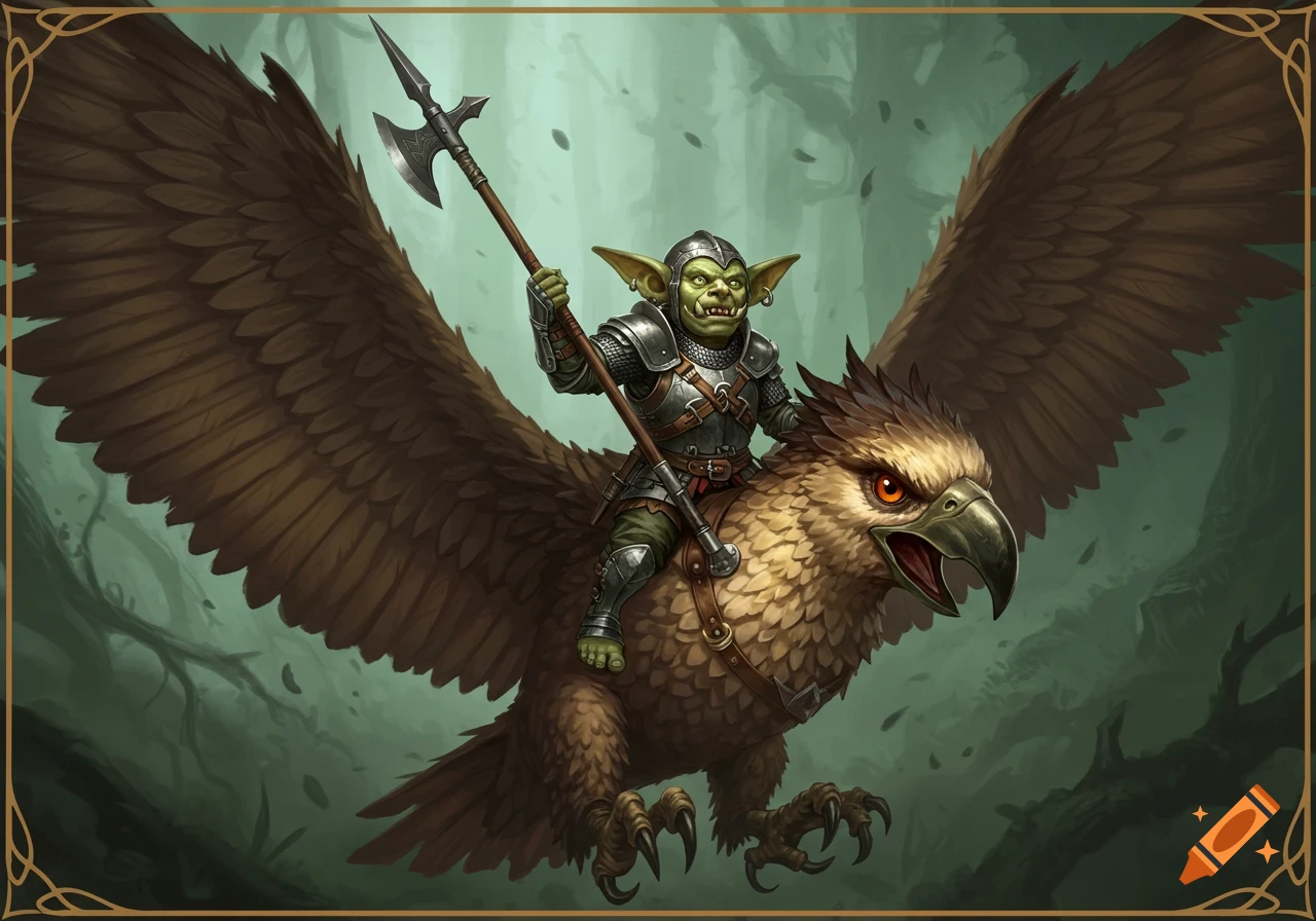 A hobgoblin in armor holds a spear while riding an axe beak bird through a forest.