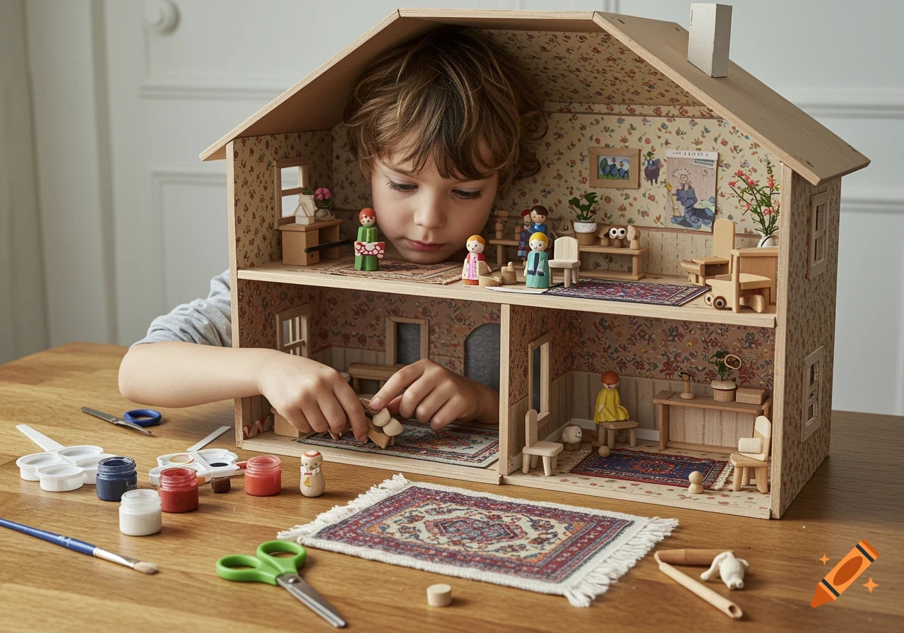 A child plays with a wooden dollhouse filled with furniture and wooden figures, with paints and scissors on the table.