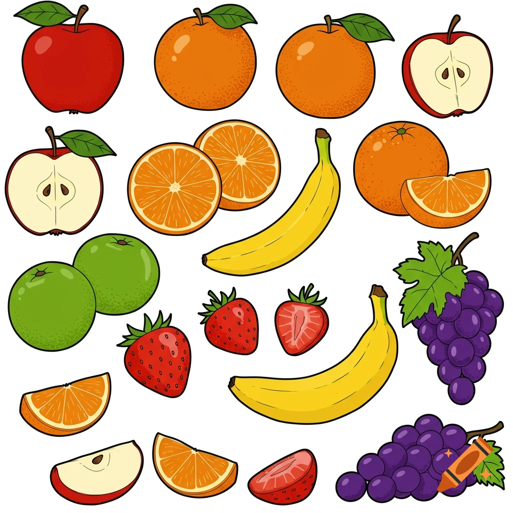 Clip art illustration of apples, oranges, bananas, strawberries, and grapes.