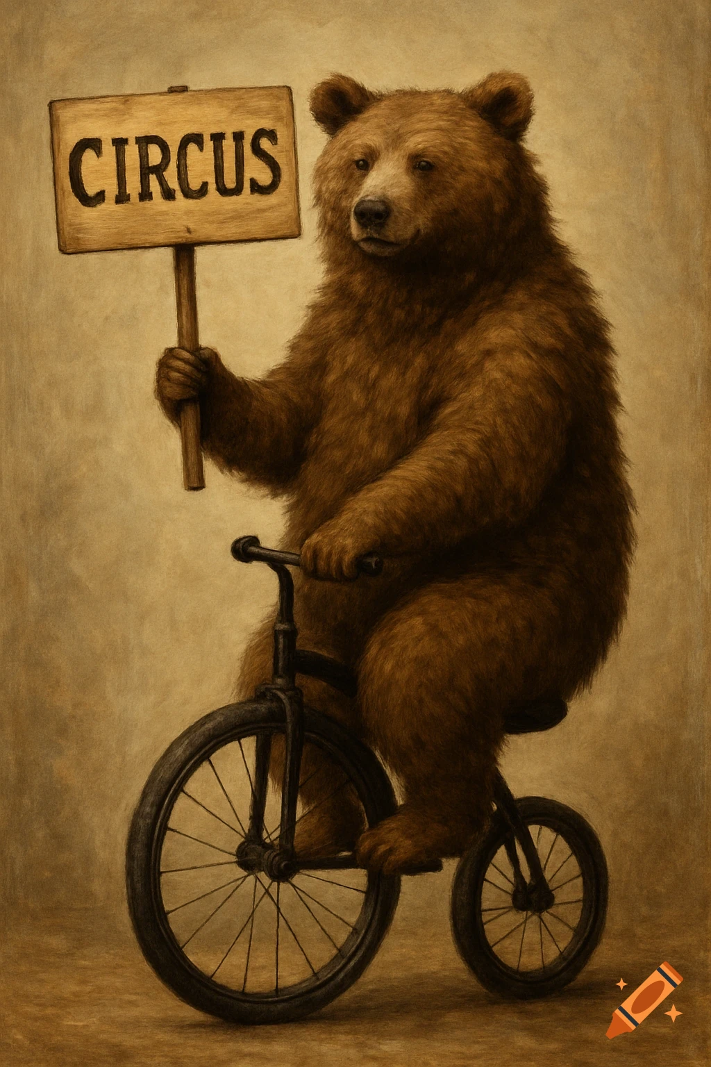 Illustration of a brown bear riding a bicycle and holding a sign that says 'CIRCUS'.