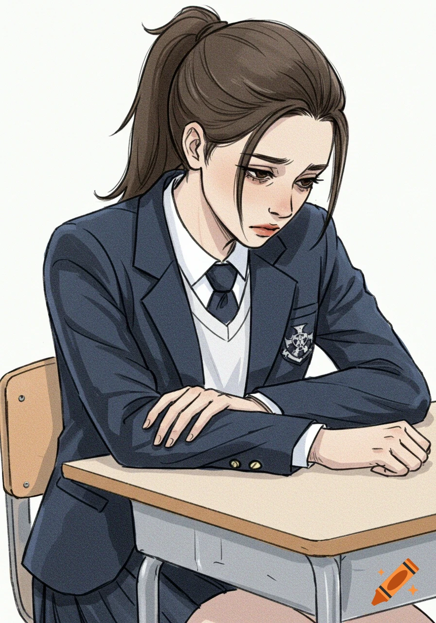 Teenage girl in school uniform sitting at a desk, looking tired. Illustration.
