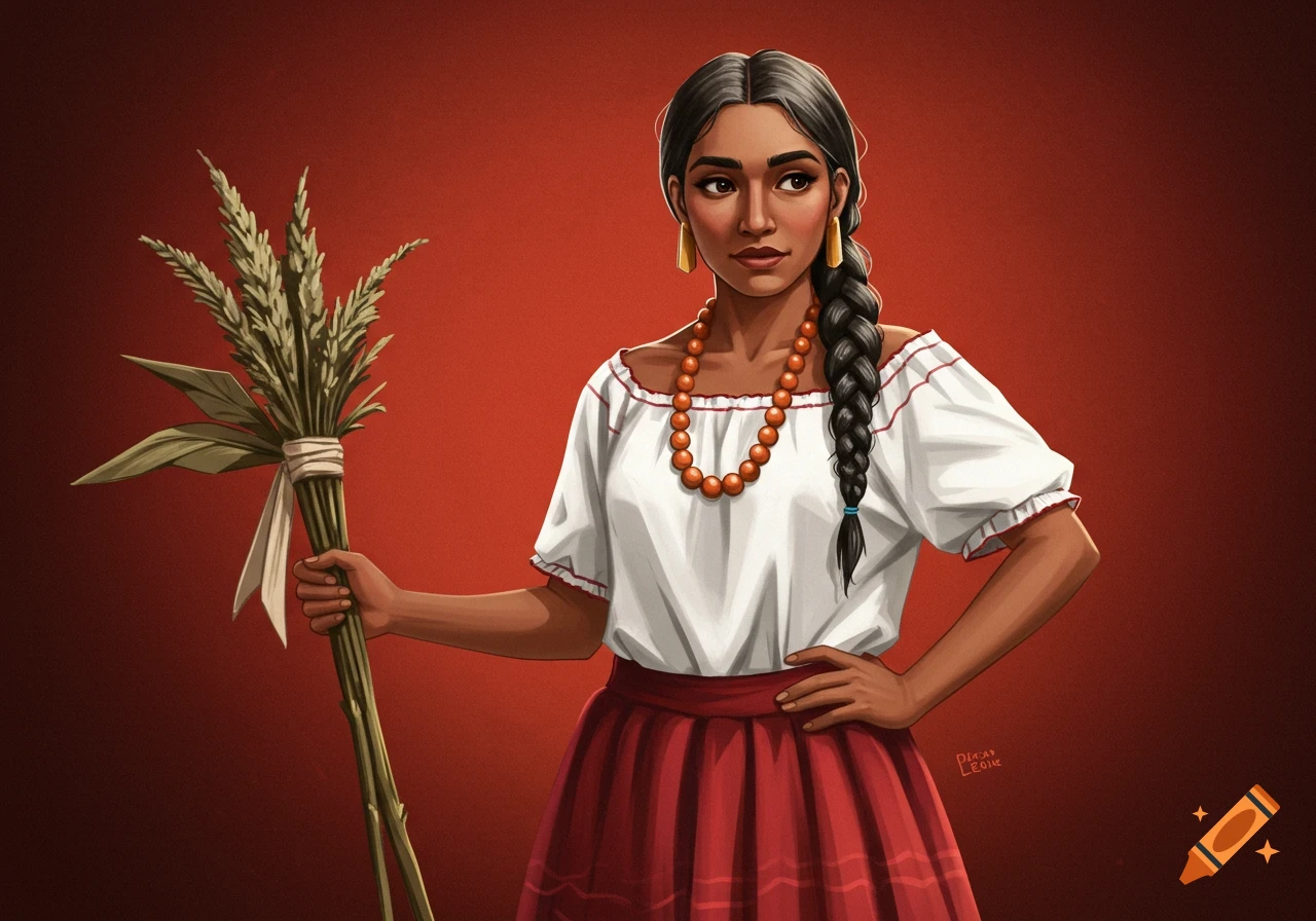 An illustration of a Mexican woman in traditional dress holding a bundle of plants.