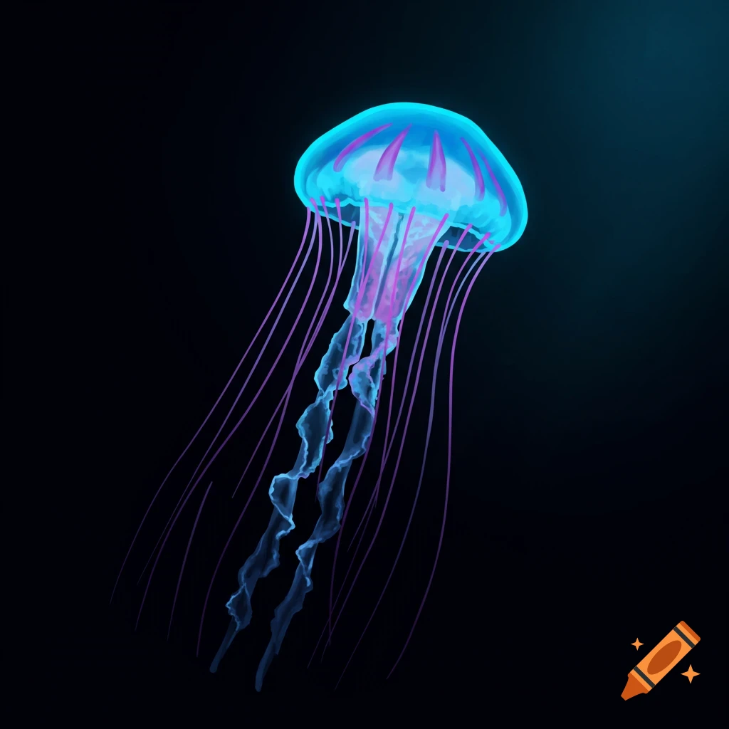 A glowing blue and purple jellyfish swims in dark water.