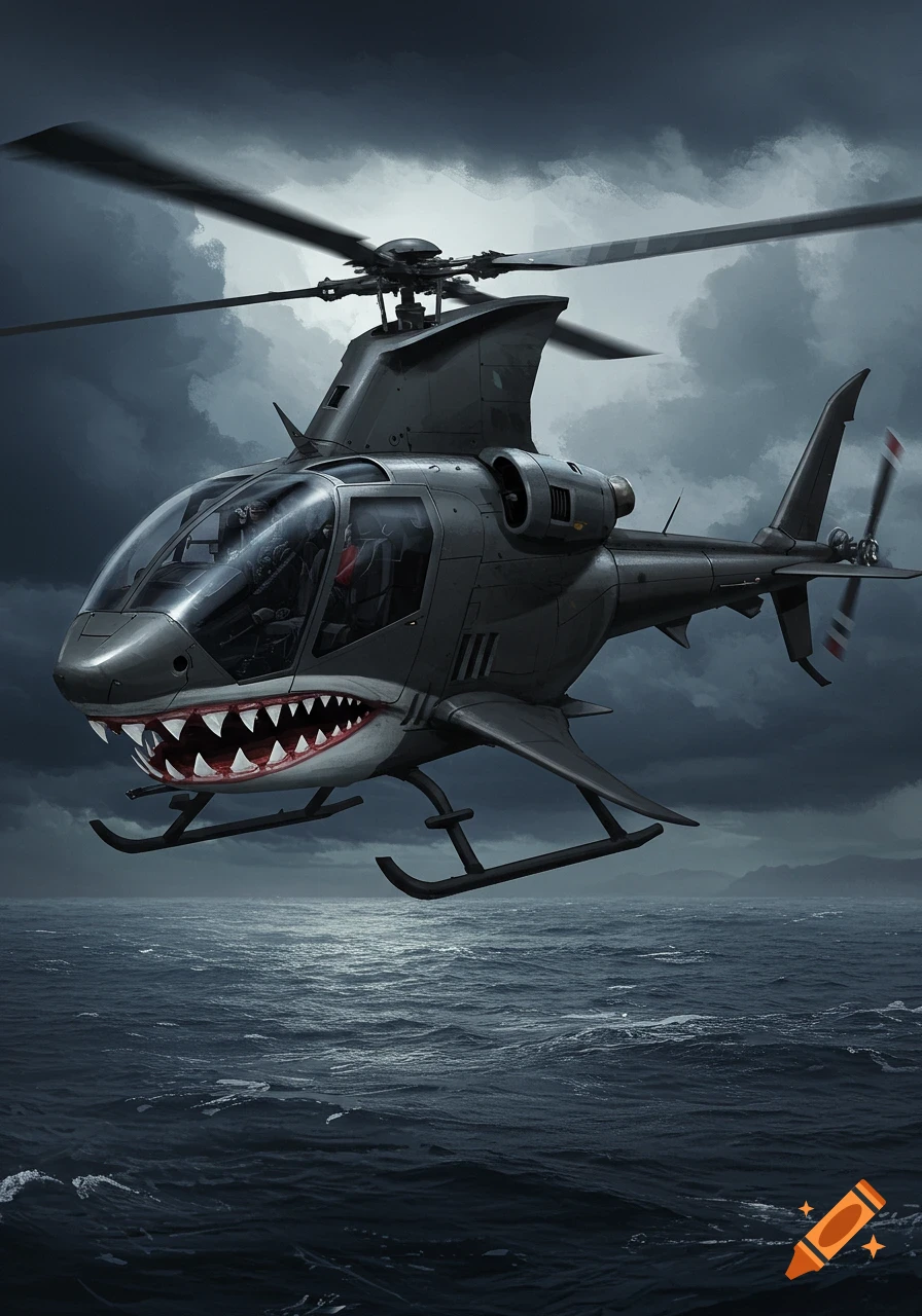 Grey helicopter with shark mouth painted on front flies over a dark sea under a stormy sky. Digital illustration.