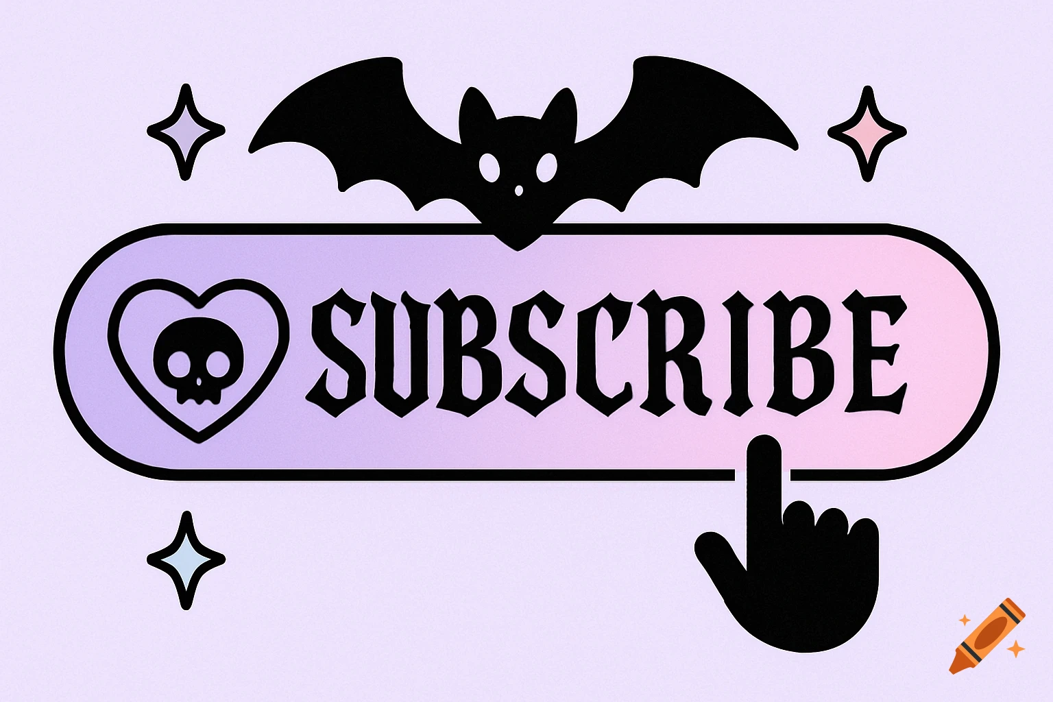 Pastel goth style subscribe button graphic with skull, heart, bat, stars, and pointing finger
