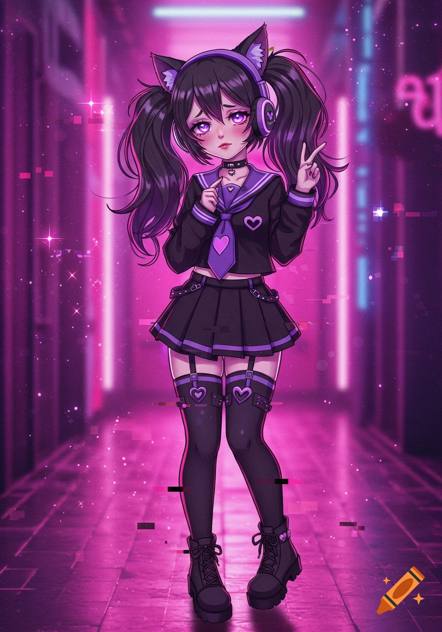 Anime girl with cat ears in goth sailor outfit and thigh-highs in neon cyber alley.