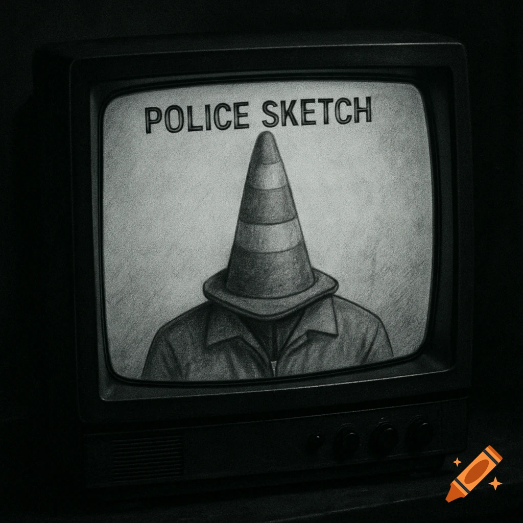 A sketch of a person with a traffic cone for a head displayed on a vintage CRT television.
