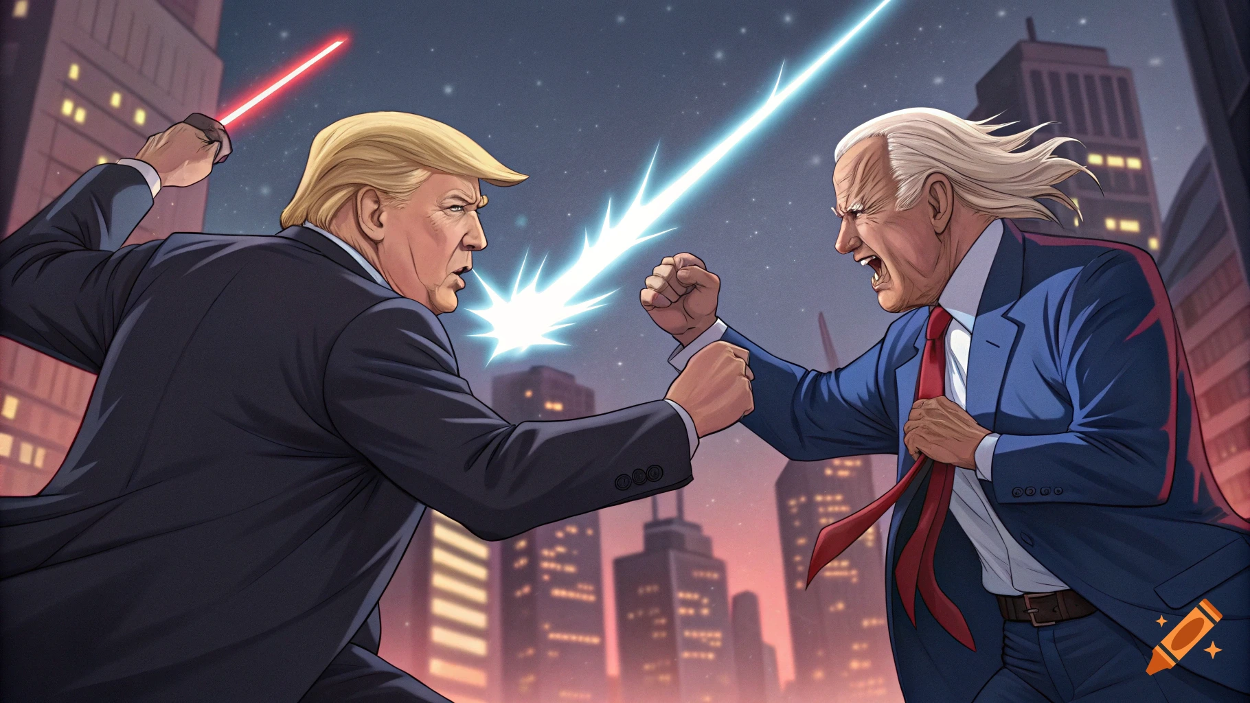 Anime-style image of Donald Trump and Joe Biden fighting with light beams in a city.